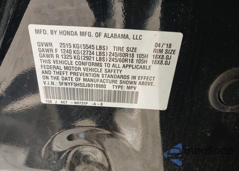 2018 Honda Pilot Ex-L из США, поврежденный, VIN 5FNYF5H53JB018980